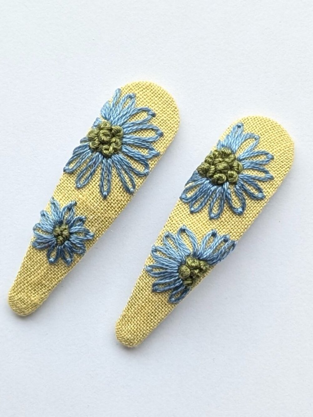 New Blue Daisies hand embroidered linen cotton hair clips handmade accessories